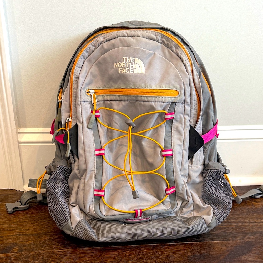 The North Face backpack. Gray/yellow/pink